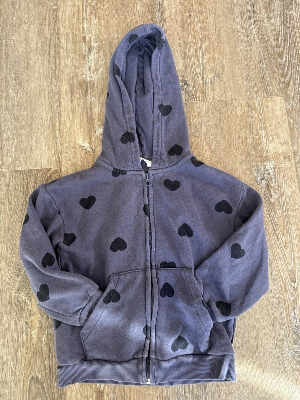 H&M Girls Gray Full Zip Fleece Hoodie Heart Print Pockets Size 5-6Y